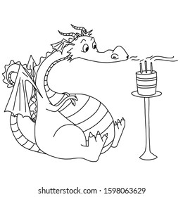 Illustration dragon blowing the candles cake  Outline drawing  Coloring page
