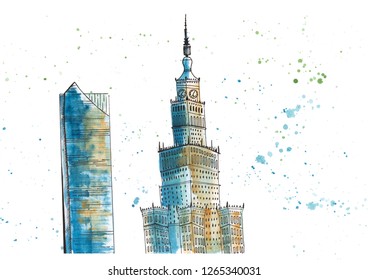 Illustration drawing in color watercolor of the building of the Palace of Culture and Science in Warsaw. Poland. Blue yellow sketch with a spray of paints on an isolated background.