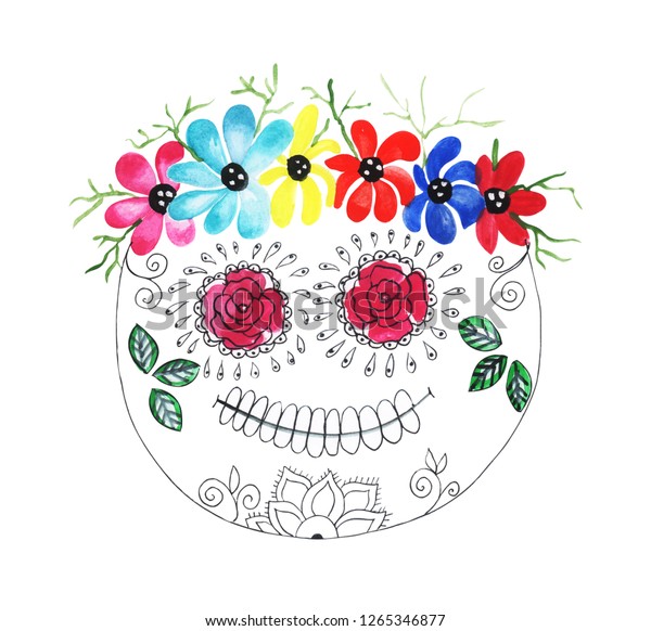 Illustration Drawing Colored Watercolor Skull Floral Stock Illustration 1265346877