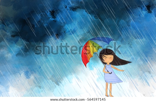 大雨の中に立つカラフルな傘を持つ泣く女の子のイラスト 暗い空の壁紙の背景画 寂しく 惨めで 悲しいデザインテンプレートのアイデア のイラスト素材