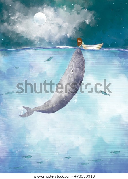 海の満月の明るい空に鯨で封じた少女の絵 のイラスト素材