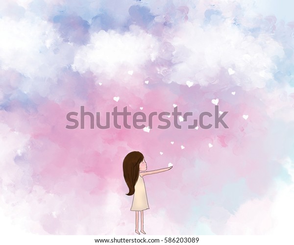 空から落ちる心を持つ女の子のイラスト 白い雲を持つ カラフルな空の
