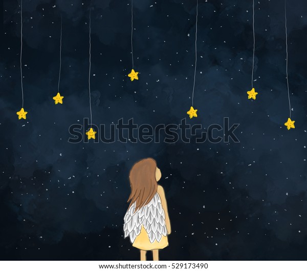 插图图一个小女孩天使看着黄色星星挂在星空的夜晚 星星的可爱面孔 黑暗的天空夜晚时间背景壁纸模板设计 梦想的想法 幻想库存插图