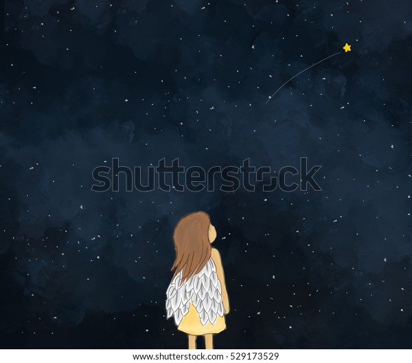 星の夜の流れ星を見る少女の天使のイラスト 暗い空の夜の時間背景壁紙