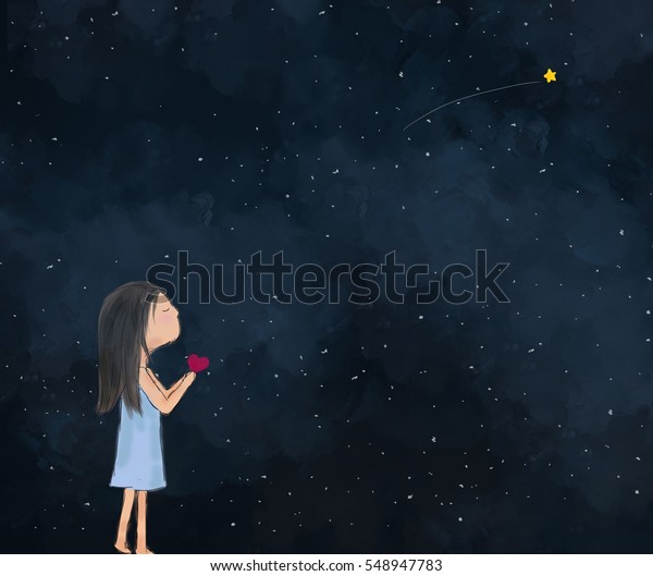 黒い暗い夜の星空に心を持つ孤独な女の子のイラスト 願い事 希望 バレンタイン 愛 祈り 傷つく 自由 ファンタジーデザインテンプレートの背景壁紙 を作るアイデア のイラスト素材