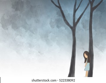 illustration drawing of lonely girl in jungle lying on tree trunks. Idea of quiet, mystery, sad, lost,miserable, forest, night, outdoor, environment design template wallpaper background