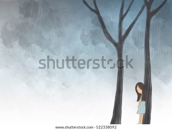 木の幹の上に横たわるジャングルに住む孤独な女の子のイラスト画 静か 謎 悲しい 失われた 惨めな 森 夜 屋外 環境デザインテンプレートの壁紙の背景 のアイデア のイラスト素材