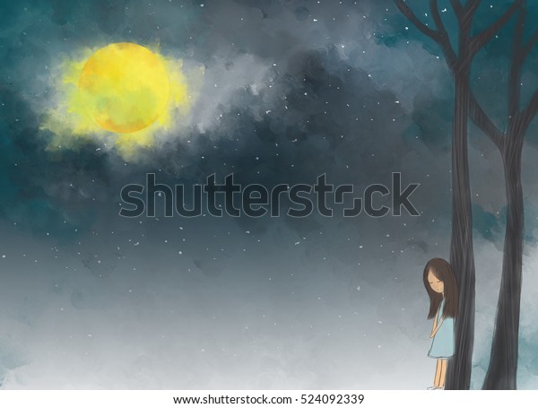 木の幹の上に横たわるジャングルに住む孤独な女の子のイラスト画 静か 謎 悲しい 失われた 惨めな 森 夜 屋外 環境デザインテンプレートの壁紙の背景のアイデア のイラスト素材