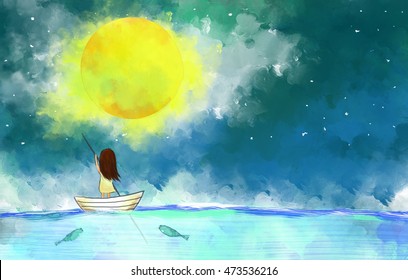 Illustration Drawing Of Lonely Girl Sail Boat In The Ocean Over Full Moon Yellow Moonlight Night Sky. 