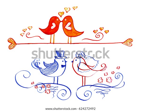 Illustration of drawing paints of\
kissing birds as a decoration element and a divider of\
invitations