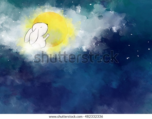 Illustration Drawing Rabbit Hugging Full Moon Stock Illustration