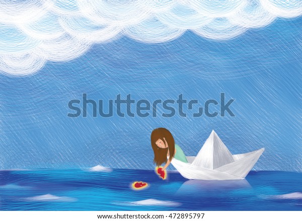 悲しい 孤独な少女の絵は 雲のような青空を乗り越えて海を走る紙のボートに心を輝かせました 芸術のアイデア 涙 自由 手放せ グラフィックペイントテンプレートの壁紙の 背景 のイラスト素材
