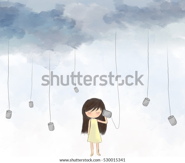 空から紐を吊して カップを聴きながら立つ寂しい少女の絵 水彩画の空 アート 聴く 想像力のテンプレートの壁紙の背景 のイラスト素材