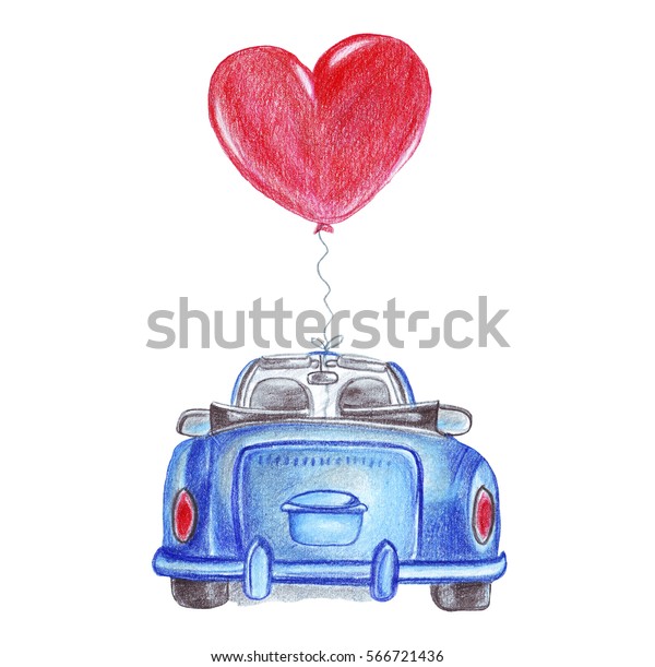 Illustration\
drawing watercolor pencils machine with the newlyweds riding on a\
journey with hearts in the form of\
balloons