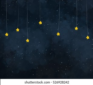 星の夜にぶら下がる黄色い星のイラスト かわいい星の顔 暗い空の夜の時間背景に壁紙テンプレートデザイン 夢想 空想 銀河 のイラスト素材 Shutterstock