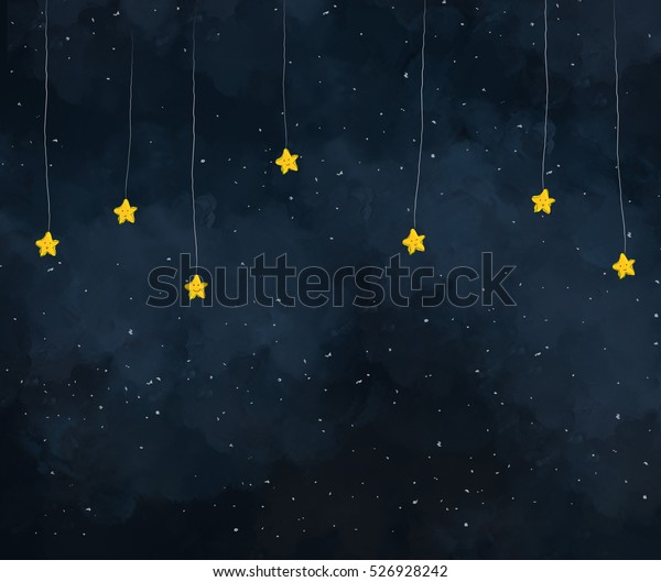 星の夜にぶら下がる黄色い星のイラスト かわいい星の顔 暗い空の夜の時間背景に壁紙テンプレートデザイン 夢想 空想 銀河 のイラスト素材 526928242
