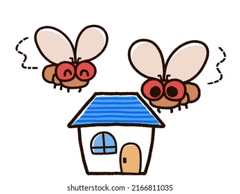 Illustration of Drosophila gathering in a house.