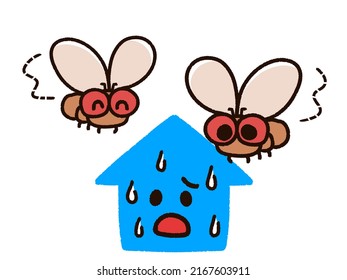 Illustration of Drosophila gathering in a house.