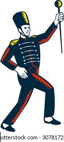 Illustration Of A Drum Major Marching Band Leader Holding Baton Raising Viewed From The Side Set On Isolated White Background Done In Retro Woodcut Style. 