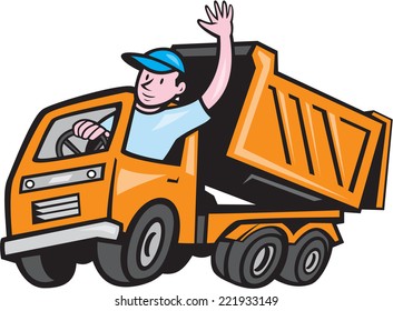 Illustration Of A Dump Truck With Driver Waving Hello On Isolated White Background Done In Cartoon Style. 