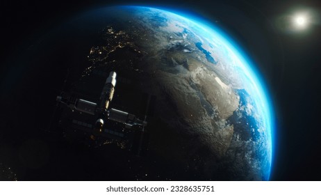 Illustration of Earth globe rotating in outer space. Satellite or ISS flies in planet orbit. View of the night cities lights from space. Day-night transition. Discovery and exploration concept.