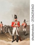 Illustration of East York militia (1814) by George Walker. Vintage military soldier man illustration. Vintage male person art drawing illustration, old painting art print of a military soldier man.