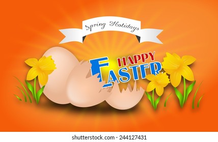 Illustration of easter background with two eggs and one of them is broken decorated with daffodil