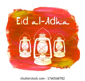 Illustration Of Eid Al-Adha, Eid Ul-Adha Mubarak And Aid Said. Kurban Bayrami. Kurban Bajram Muslim Festival Of Sacrifice. Beautiful Islamic And Arabic Background. Watercolor Greeting Card, Banner.