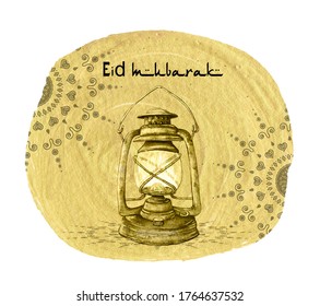 Illustration Of Eid Al-Adha, Eid Ul-Adha Mubarak And Aid Said. Kurban Bayrami. Kurban Bajram Muslim Festival Of Sacrifice. Beautiful Islamic And Arabic Background. Watercolor Greeting Card, Banner.