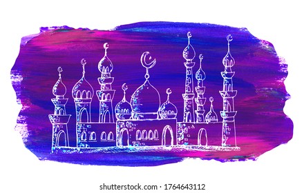 Illustration Of Eid Al-Adha, Eid Ul-Adha Mubarak And Aid Said. Kurban Bayrami. Kurban Bajram Muslim Festival Of Sacrifice. Beautiful Islamic And Arabic Background. Watercolor Greeting Card, Banner.