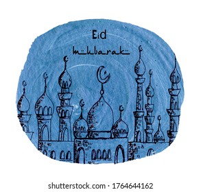 Illustration Of Eid Al-Adha, Eid Ul-Adha Mubarak And Aid Said. Kurban Bayrami. Kurban Bajram Muslim Festival Of Sacrifice. Beautiful Islamic And Arabic Background. Watercolor Greeting Card, Banner.