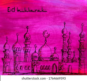 Illustration Of Eid Al-Adha, Eid Ul-Adha Mubarak And Aid Said. Kurban Bayrami. Kurban Bajram Muslim Festival Of Sacrifice. Beautiful Islamic And Arabic Background. Watercolor Greeting Card, Banner.