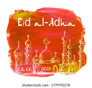 Illustration Of Eid Al-Adha, Eid Ul-Adha Mubarak And Aid Said. Kurban Bayrami. Kurban Bajram Muslim Festival Of Sacrifice. Beautiful Islamic And Arabic Background. Watercolor Greeting Card, Banner.