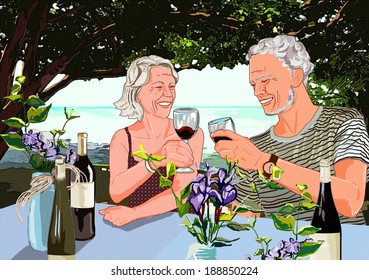 Illustration of elderly people drinking red wine - Powered by Shutterstock