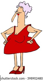 Illustration Of An Elderly Woman Dressed In A Revealing Red Dress.