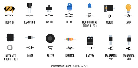  illustration of electronic component symbol icons, with component names and examples.  minimalist flat design.  for electronics.