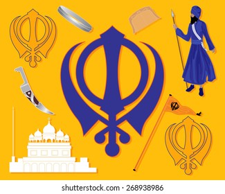 An Illustration Of Elements From Sikh History With Gurdwara Khalsa Sikh Military Emblem Flag Bracelet Comb And Kirpan On A Saffron Background