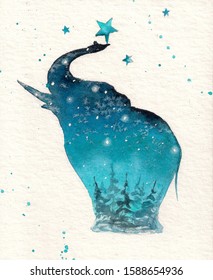 Illustration of elephant silhouette. Christmas card watercolors painted on a paper.