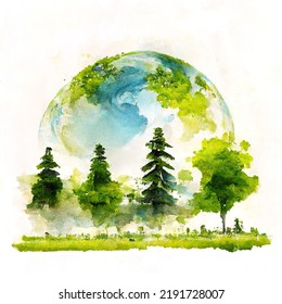 Illustration Of Environmentally Friendly And Ecology Concept In Watercolor Stains Style. 