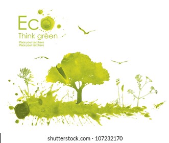 Illustration umweltfreundlichen Planeten. Grüner Baum auf einer Wiese aus Aquarellfarben, einzeln auf weißem Hintergrund.  Denk grün! Ökologisches Konzept.
