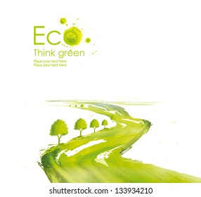 Illustration Environmentally Friendly Planet. Green Tree Along The Road Planting  From Watercolor Stains,isolated On A White Background. Think Green. Ecology Concept.