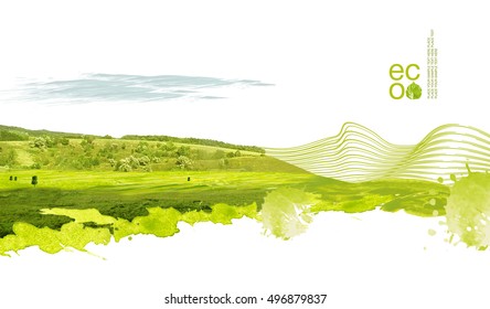 Illustration Of Environmentally Friendly Planet. Green Hills And Field With Tree Planting From Watercolor Stains,isolated On A White Background. Think Green. Ecology Concept. Environmental Awareness.