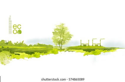 Illustration Of Environmentally Friendly Planet. Green Factory And Tree On The Field, Planting From Watercolor Stains,isolated On A White Background. Think Green. Ecology Concept. 