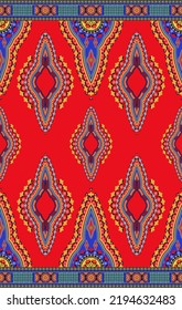 Illustration Ethnic West African Dashiki Colorful Abstract Floral Shape With Border Seamless Pattern On Red Background. Use For Fabric, Textile, Interior Decoration Elements, Upholstery, Wrapping.