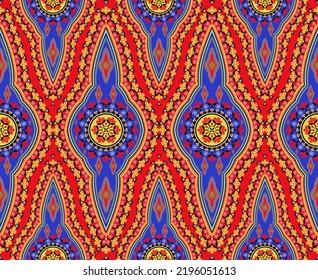 Illustration Ethnic West African Dashiki Colorful Abstract Floral Shape Seamless Pattern On Red Background. Use For Fabric, Textile, Interior Decoration Elements, Upholstery, Wrapping.