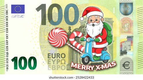 Illustration. European Union festive banknote of 100 euros, with a cheerful Santa Claus on a scooter. Candies and sweets. Merry Christmas. Holiday funny money of Europe. - Powered by Shutterstock