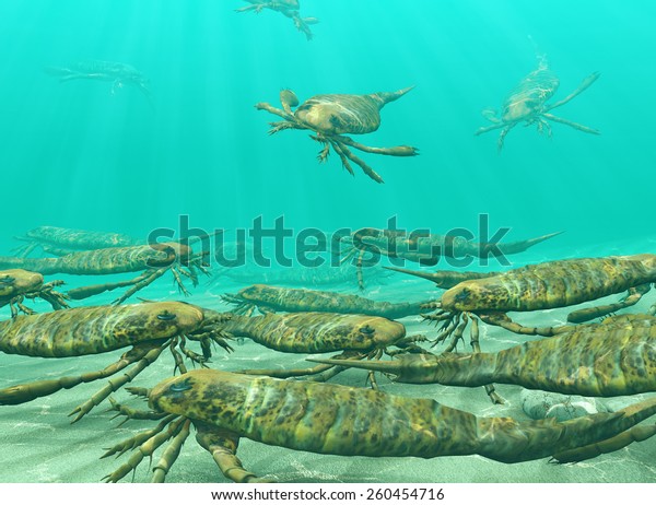 An illustration of eurypterids, also known as sea\
scorpions, gathering to seasonally spawn. Eurypterids are related\
to arachnids and include the largest known arthropods to have ever\
lived. 