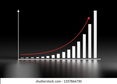 Illustration with exponential growth chart and red arrow on dark black background. 3d illustration.