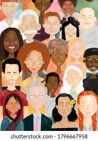 Illustration Of People’s Faces: Men, Woman, Young And Elderly Of Different Races, Ethnicities, Colors, Nations And Religions - Social Diversity Concept