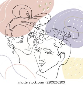 Illustration Of Faces In Picasso Face Style With Simple Rounded Lines And Pastel Colored Spots